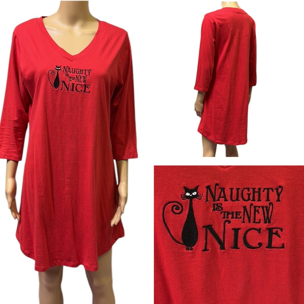 Cotton Pillow Talk Red Embroidered Cat Naughty Nice Sleep Shirt Nightgown Medium